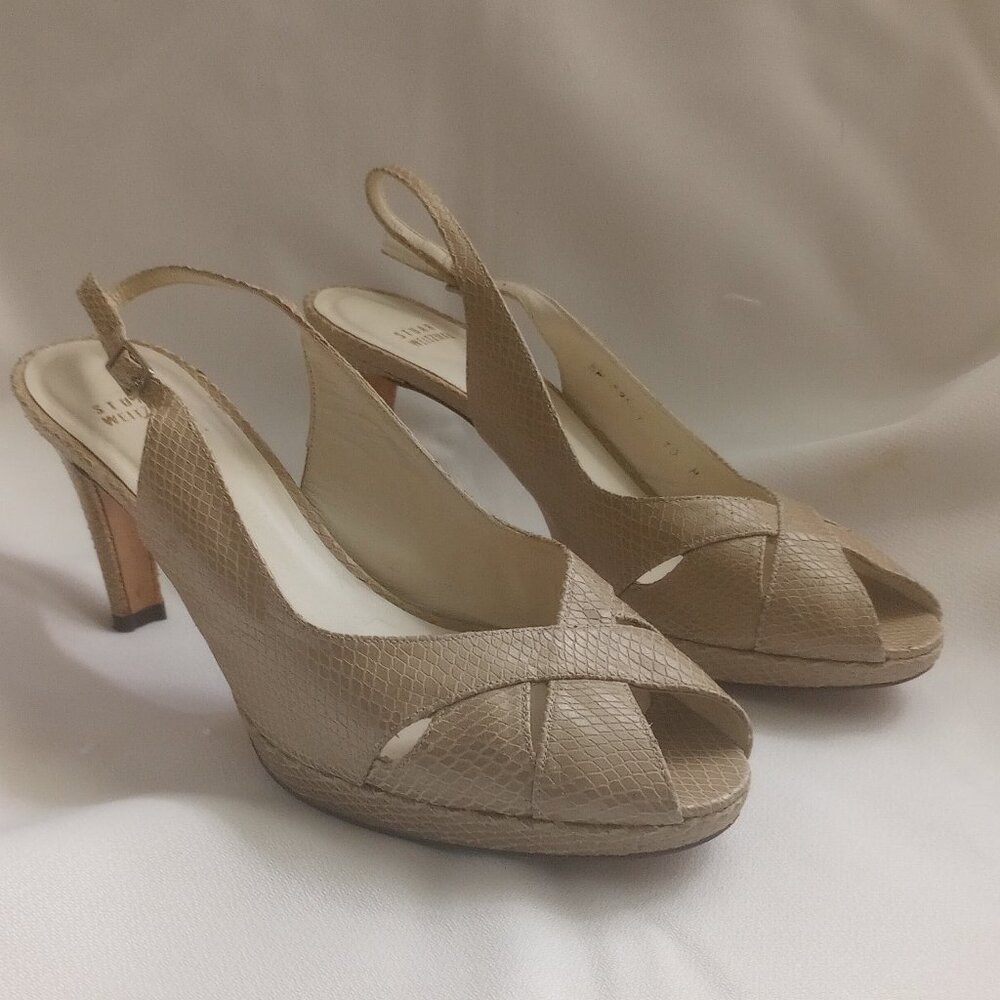 Stuart Weitzman Beige Snakeskin Sling Back Peep Toe Heels sz 10M